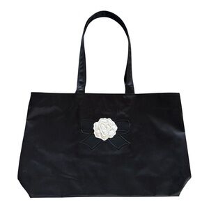 NWOT St. John Large Branded Black Satin Tote with White Floral Appliqué
